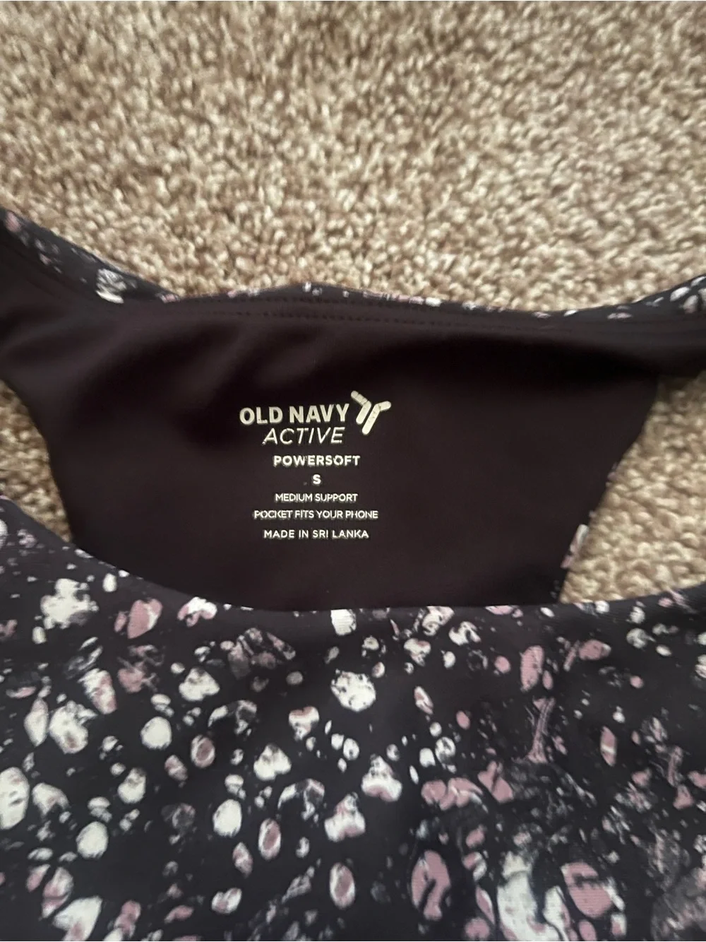 Old Navy Active Black Sports Bra with Pink & White Abstract Print